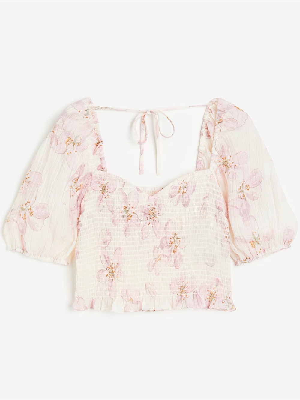 Floral Smocked Puff-Sleeve Crop Top in Light Pink